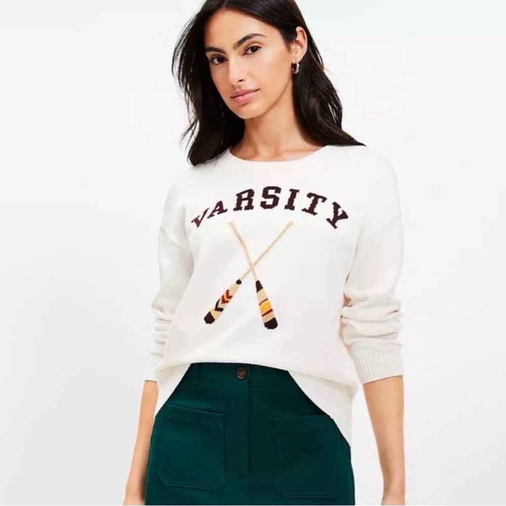LOFT Women's Cream Varsity Crew Neck Sweater